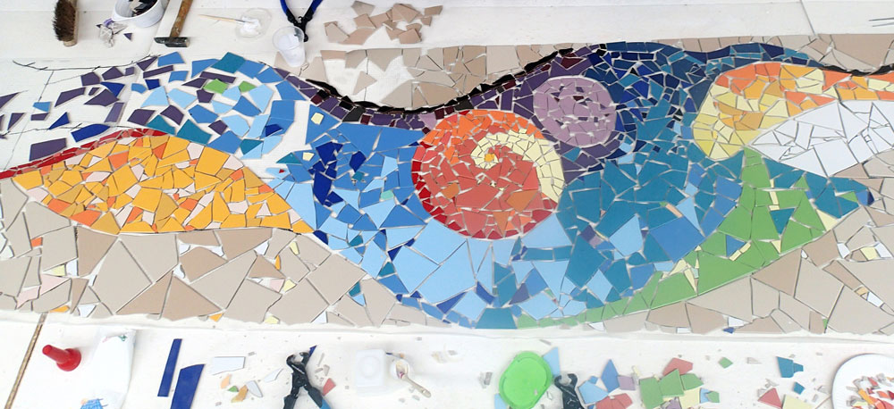 Fliesenmosaik auf Netz, Mosaikbauschule Dortmund, 2017