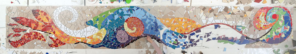 Fliesenmosaik auf Netz, Mosaikbauschule Dortmund, 2017