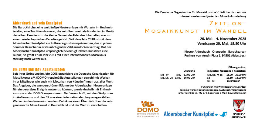 Einladung Internationale Mosaik-Ausstellung „Zeitlos- Mosaikkuns im Wandel“ Kloster Aldersbach 